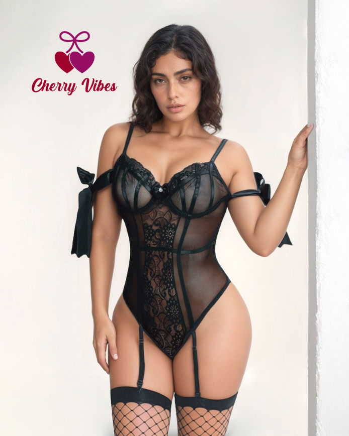 Body de Tull con Portaligas & Medias - Lencería Sexy